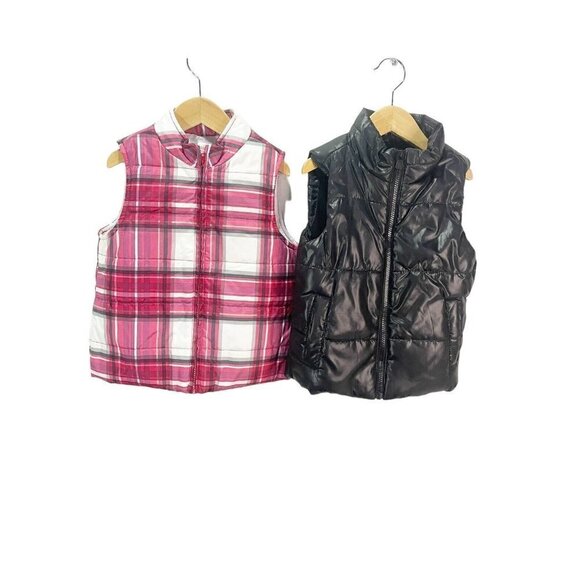Gymboree Justice 5T Girls Plaid Black Padded Winter Puffer Vest Zip Front Lot 2 - Picture 1 of 4
